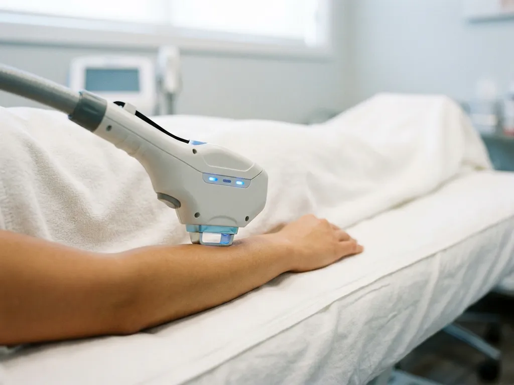 Laserhandstuk bij laserhaarverwijdering op onderarm in professionele klinische omgeving, zachte natuurlijke belichting.