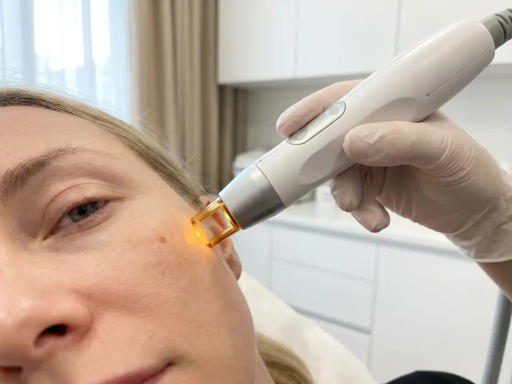 Medische laserhandpiece gericht op pigmentvlek op de jukbeenstreek van een vrouw met lichte huid, behandelkamer.
