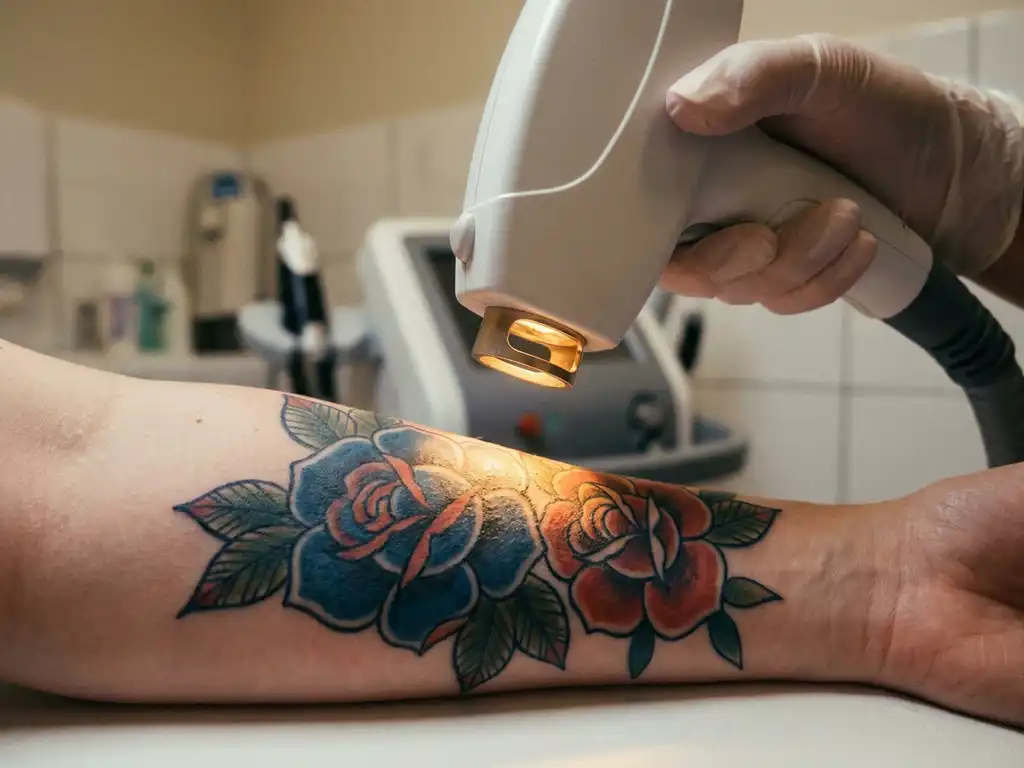 Laserhandstuk boven kleurrijke bloementattoo op onderarm tijdens professionele laserbehandeling in klinische omgeving.