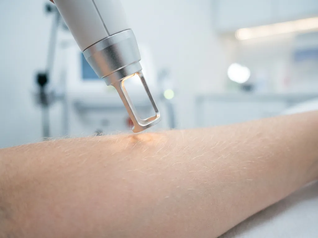 Professionele laserhandstuk boven blonde armharen op lichte huid tijdens haarverwĳderingsbehandeling.