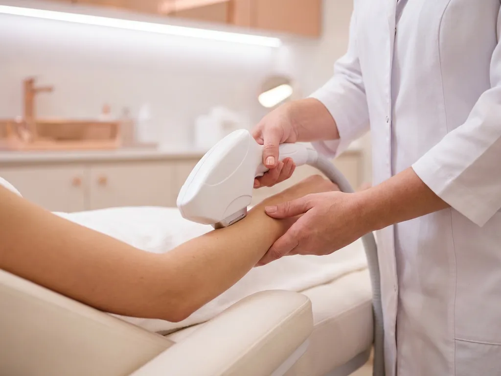 Schoonheidsspecialist in witte klinische jas behandelt cliënt met laserhandstuk op onderarm in medisch esthetische kliniek.