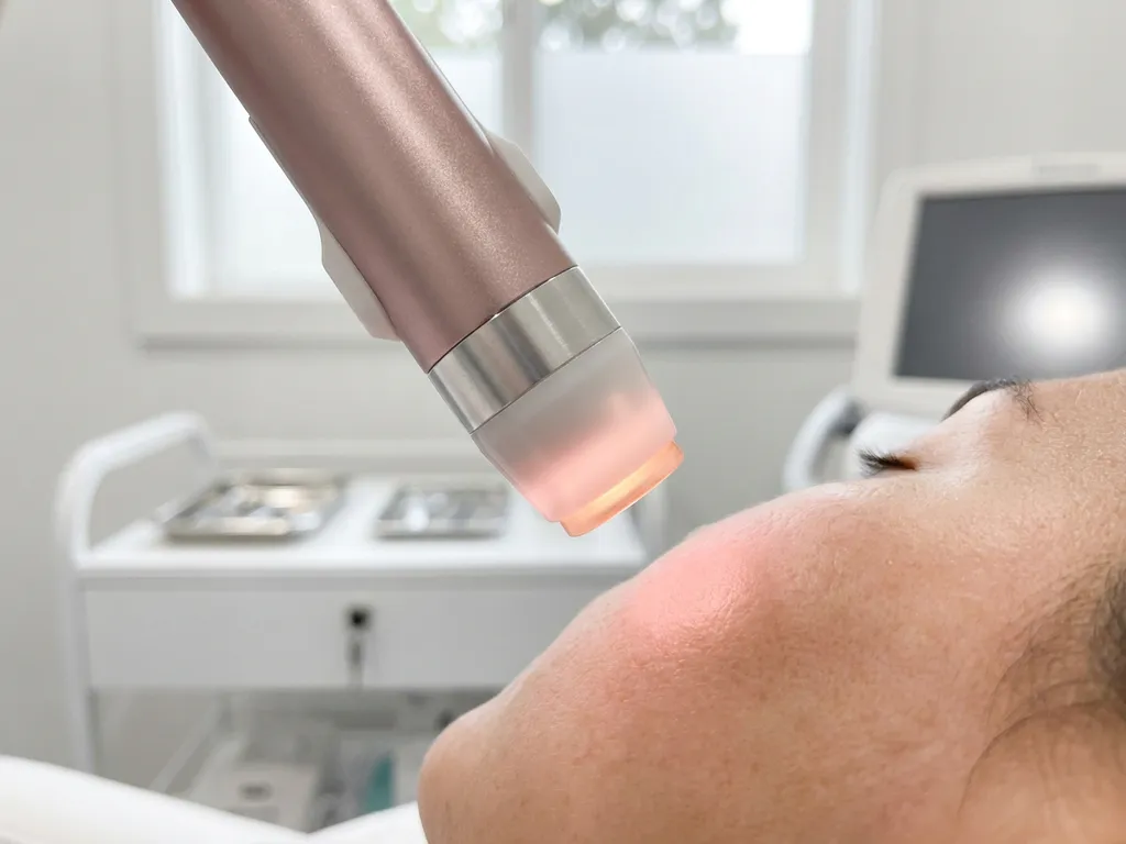 Medische laserhandstuk boven gladde gezichtshuid in witte behandelkamer, zacht licht stralend van de tip.