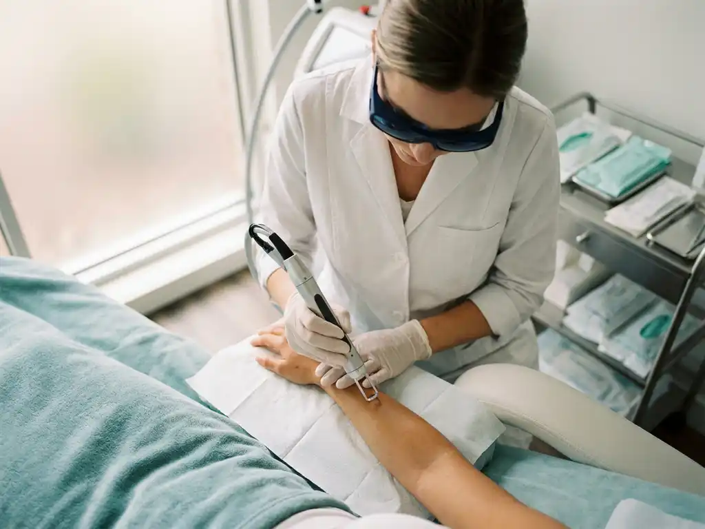 Gecertificeerde schoonheidsspecialist met laserveiligheidsbril die een professionele laserhandstuk positioneert boven de onderarm van een cliënt tijdens huidbehandeling.