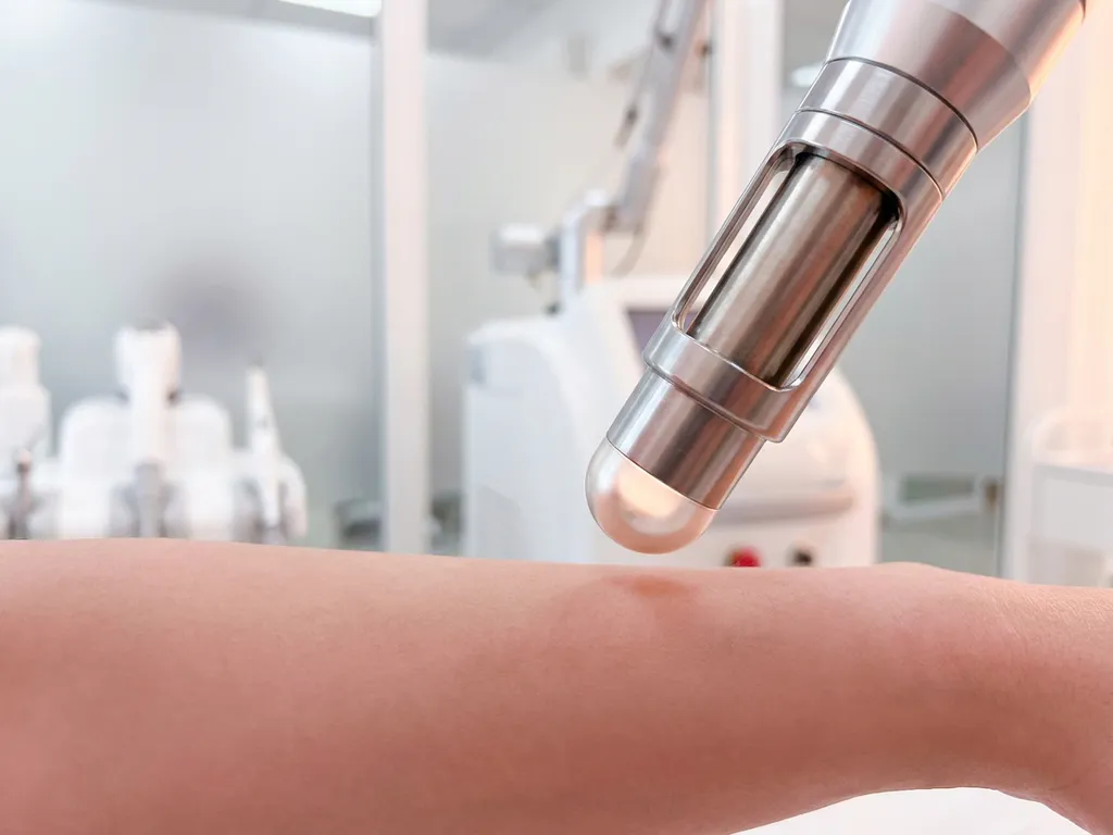 Professionele laserhandstuk boven een gladde onderarm tijdens een huidbehandeling in een witte klinische ruimte.
