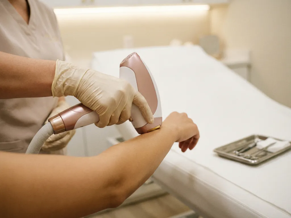 Behandelaar met handschoen positioneert laserapparaat op gezonde huid tijdens professionele laserbehandeling in klinische omgeving.