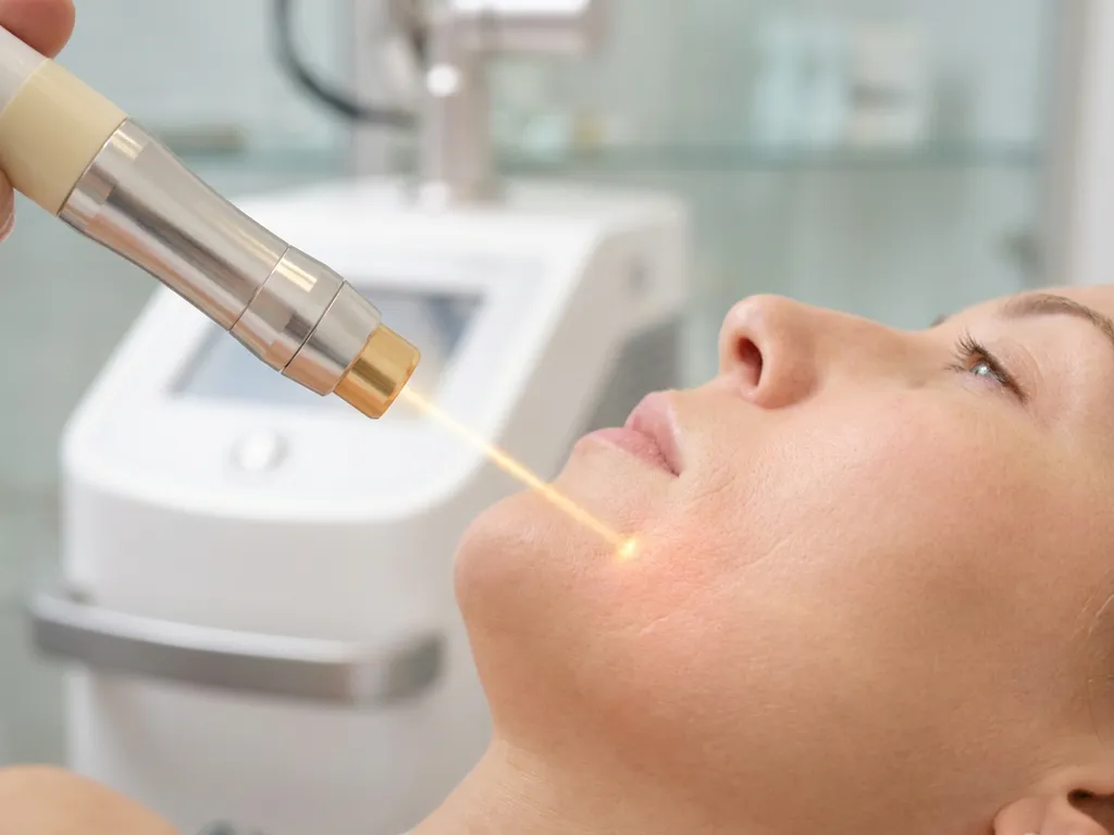 Medische laserhandstuk behandelt gezichtshuid, fijne lijntjes zichtbaar verminderd, klinisch witte achtergrond met gouden lichtstraal.