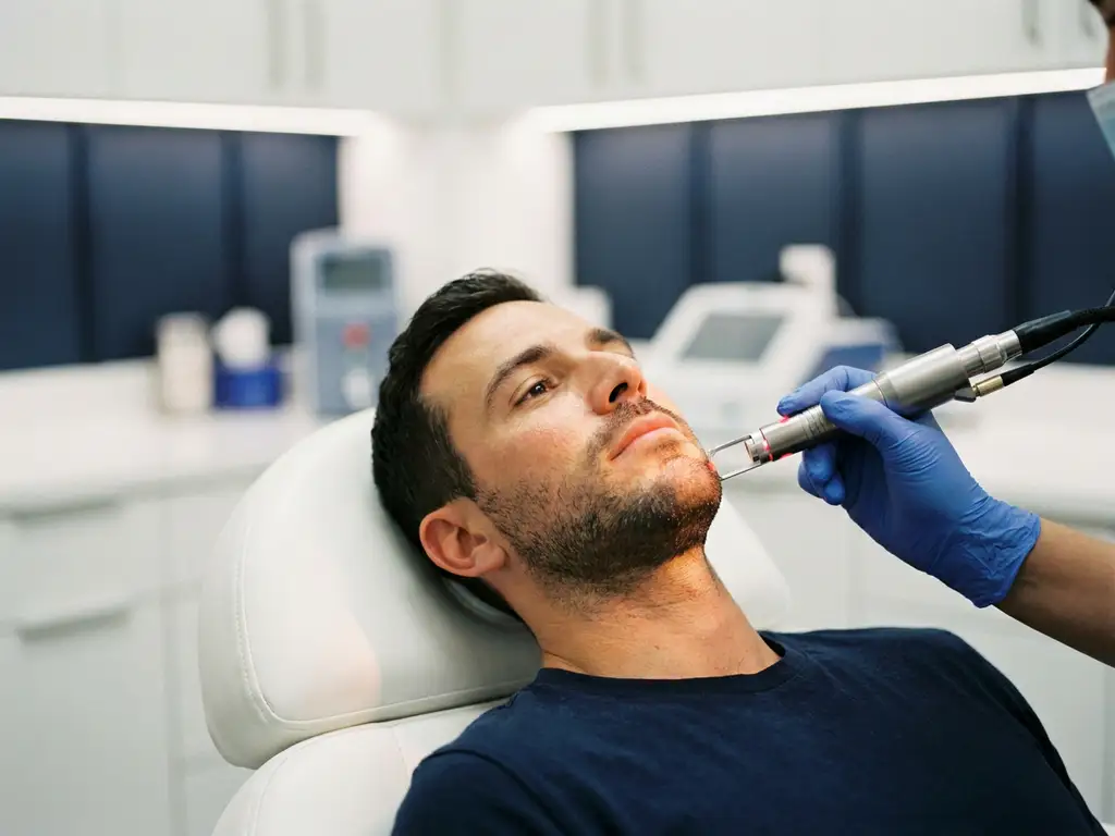 Man ondergaat laserhuidbehandeling bij de kaaklijn in moderne esthetische kliniek, gloved hand houdt professioneel laserhandstuk vast.
