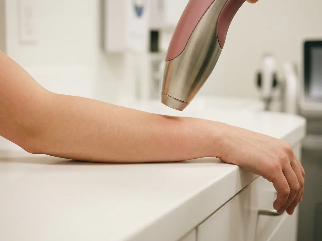 Onderarm met lichte roodheid na laserbehandeling, met professionele laserhandpiece op witte klinische ondergrond.