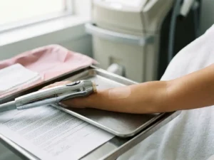 Laserhandstuk voor ontharing op klinische dienblad naast een stukje huid en medisch toestemmingsformulier, steriele omgeving.