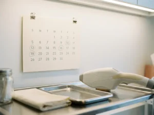 Klinische kalender met omcirkelde datums op witte muur naast een laserhandstuk op behandelingsblad, rustige medische sfeer.