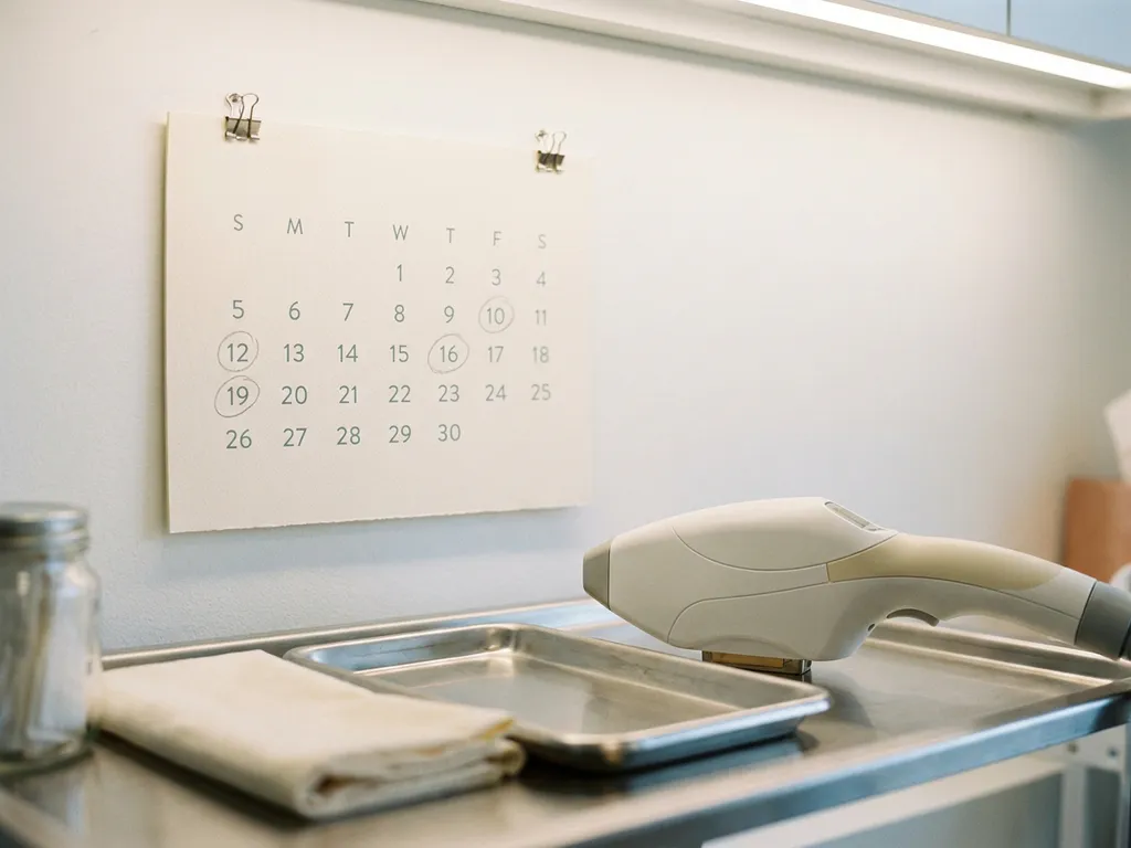 Klinische kalender met omcirkelde datums op witte muur naast een laserhandstuk op behandelingsblad, rustige medische sfeer.