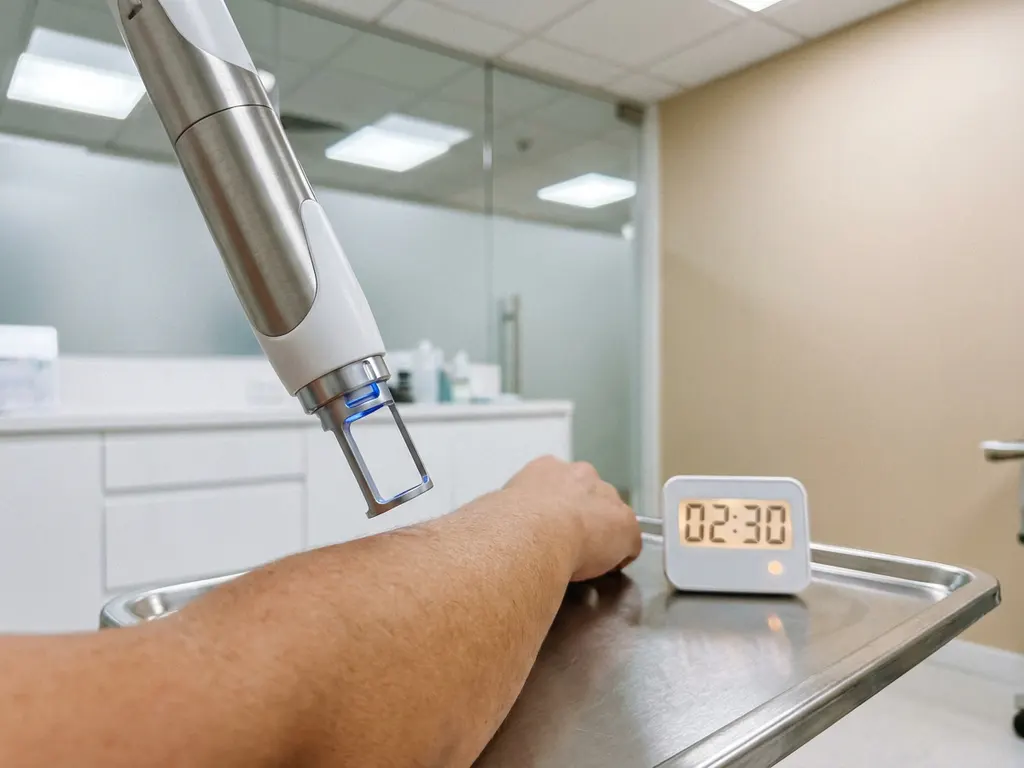 Medische laserhandstuk gericht op onderarm tijdens korte behandelsessie in strakke witte klinische ruimte.