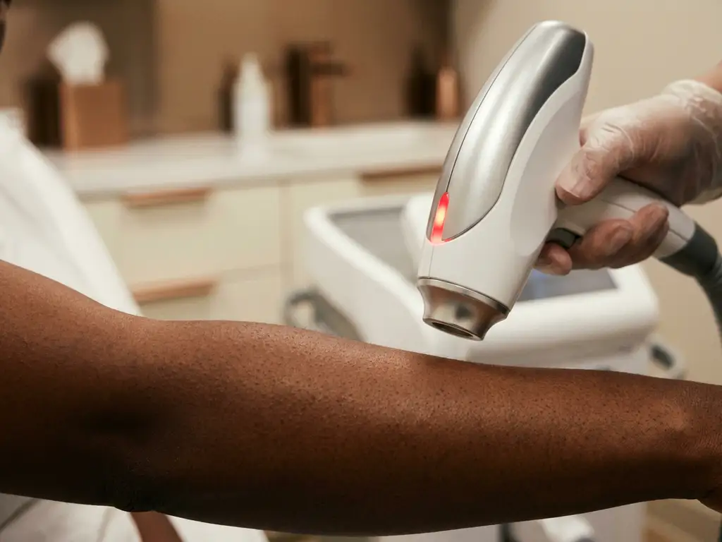 Medische laserhandstuk bij behandeling van donkere huid op onderarm in professionele klinische omgeving.