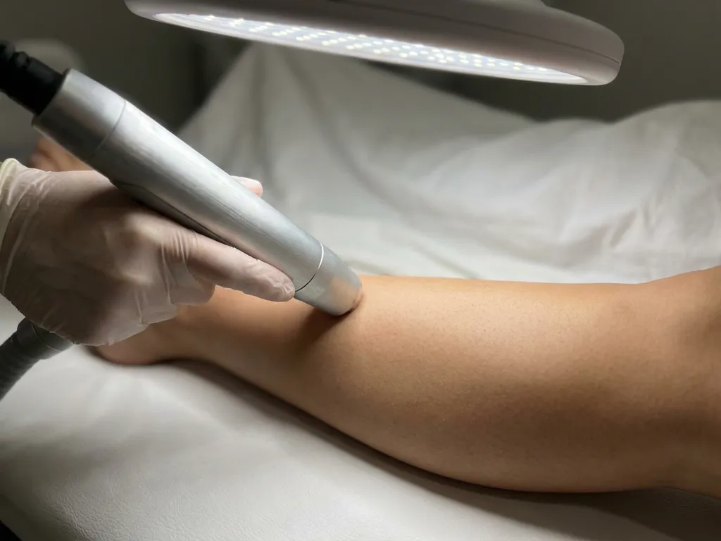 Laserapparaat gericht op gladde onderbeen tijdens professionele ontharing behandeling in klinische omgeving.