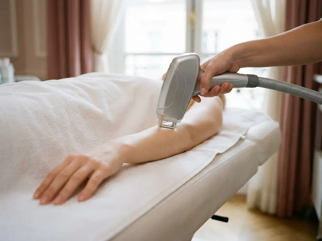 Laserapparaat voor ontharing glijdt over onderarmhuid tijdens behandeling op klinische behandelbank met wit handdoek.