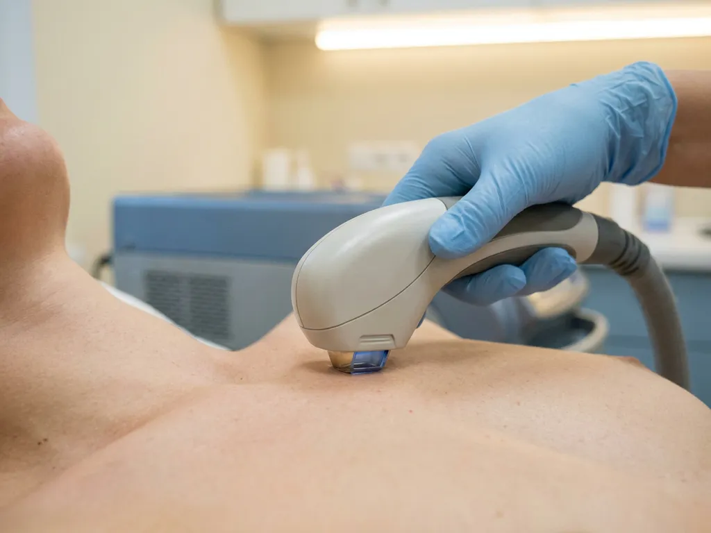 Laserapparaat voor ontharing op gladde huid bij het sleutelbeen, gehouden door een gehandschoende technicus in een witte behandelkamer.