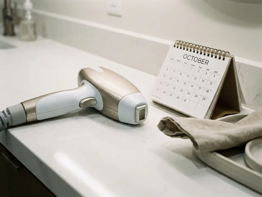 Laserhandstuk voor ontharing op witte klinische ondergrond naast een kleine kalender, zachte huidkleurige stof op de achtergrond.