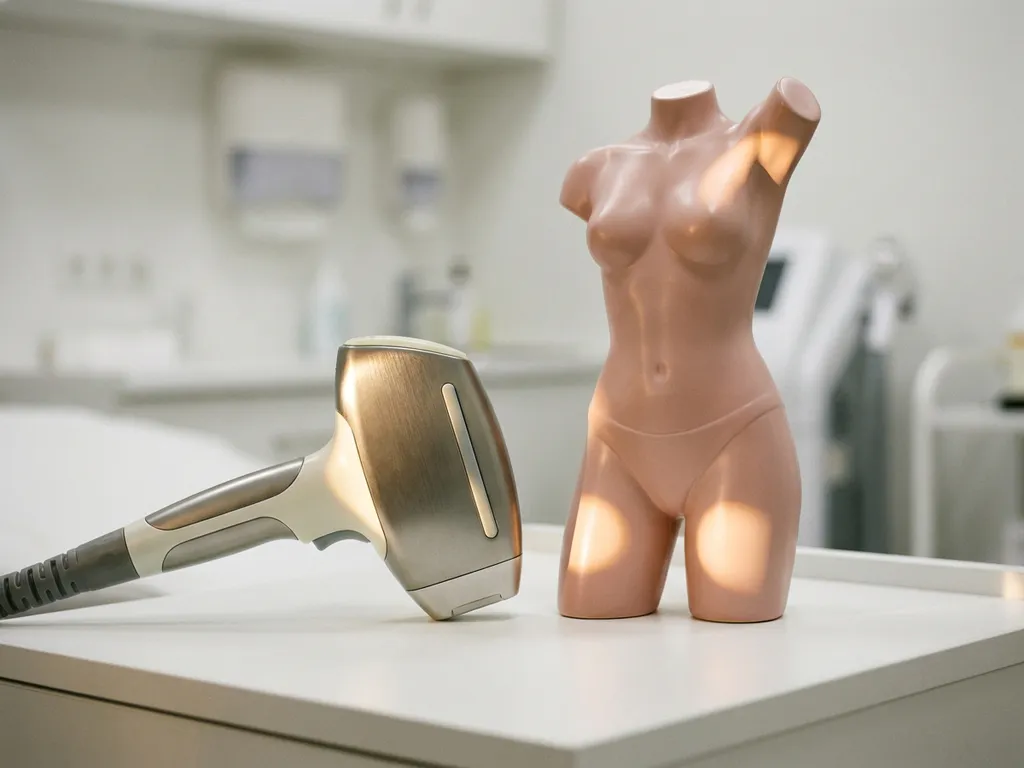 Professioneel laserhandstuk voor ontharing naast een keramisch torsomodel op een witte klinische ondergrond.