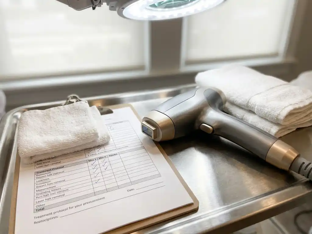 Professionele laserhandpiece op klinische dienblad naast behandelprotocol op klembord, witte handdoeken op de achtergrond.