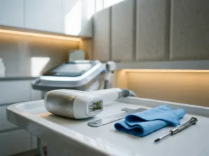 Laserhandstuk voor ontharing op witte klinische tray met kalibratiemeter, pluisvrije doek en schroevendraaier.