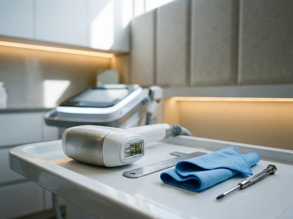 Laserhandstuk voor ontharing op witte klinische tray met kalibratiemeter, pluisvrije doek en schroevendraaier.