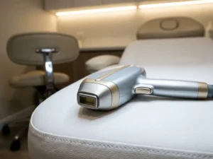 Professionele laserhandstuk voor ontharing op een wit behandeltafel in een moderne esthetische salon.