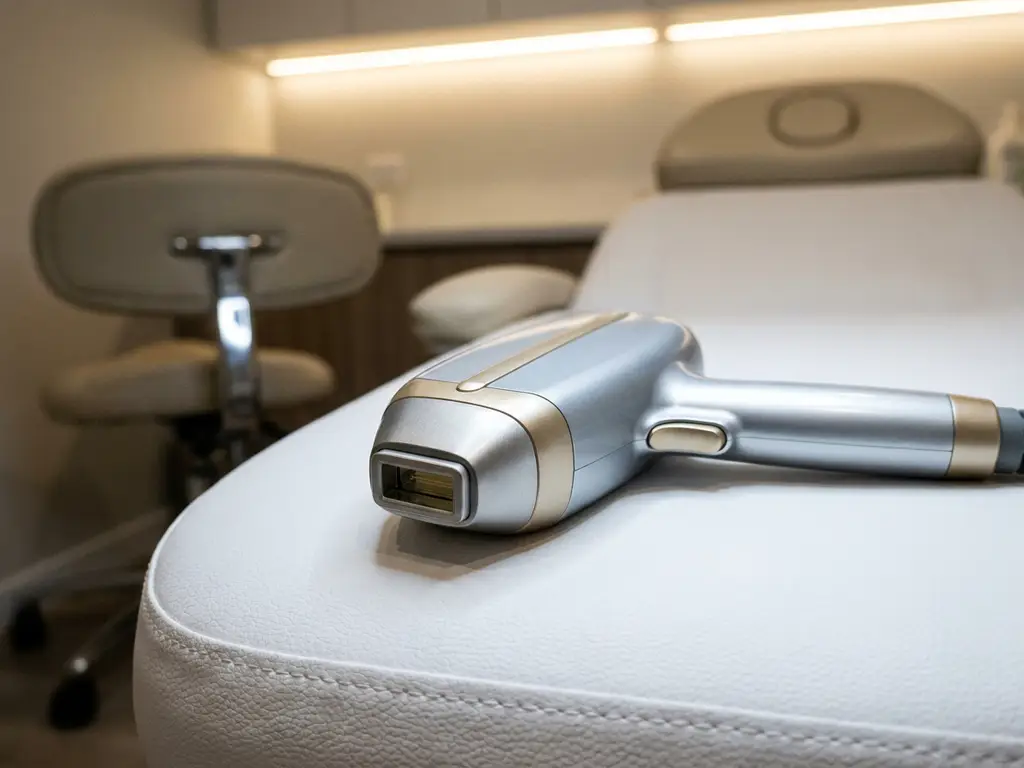 Professionele laserhandstuk voor ontharing op een wit behandeltafel in een moderne esthetische salon.