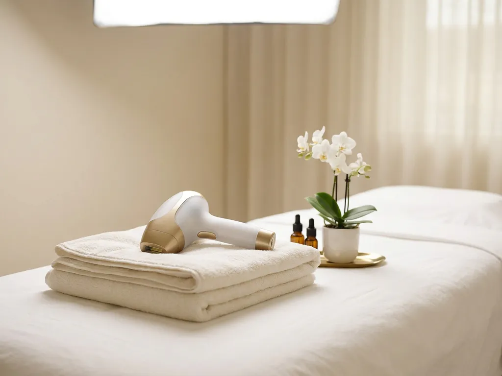 Professionele laserhandstuk voor ontharing op witte behandeltafel met gevouwen handdoeken en orchidee in esthetisch salon.