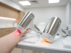 Twee professionele onthaaringshandstukken op een witte klinische tray, één met rode laserstraal op huid, de ander met amber IPL-flits.