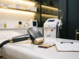 Professioneel laseronthарingsapparaat op witte behandeltafel met eurobiljetten en consultatiekaart in luxe schoonheidssalon.