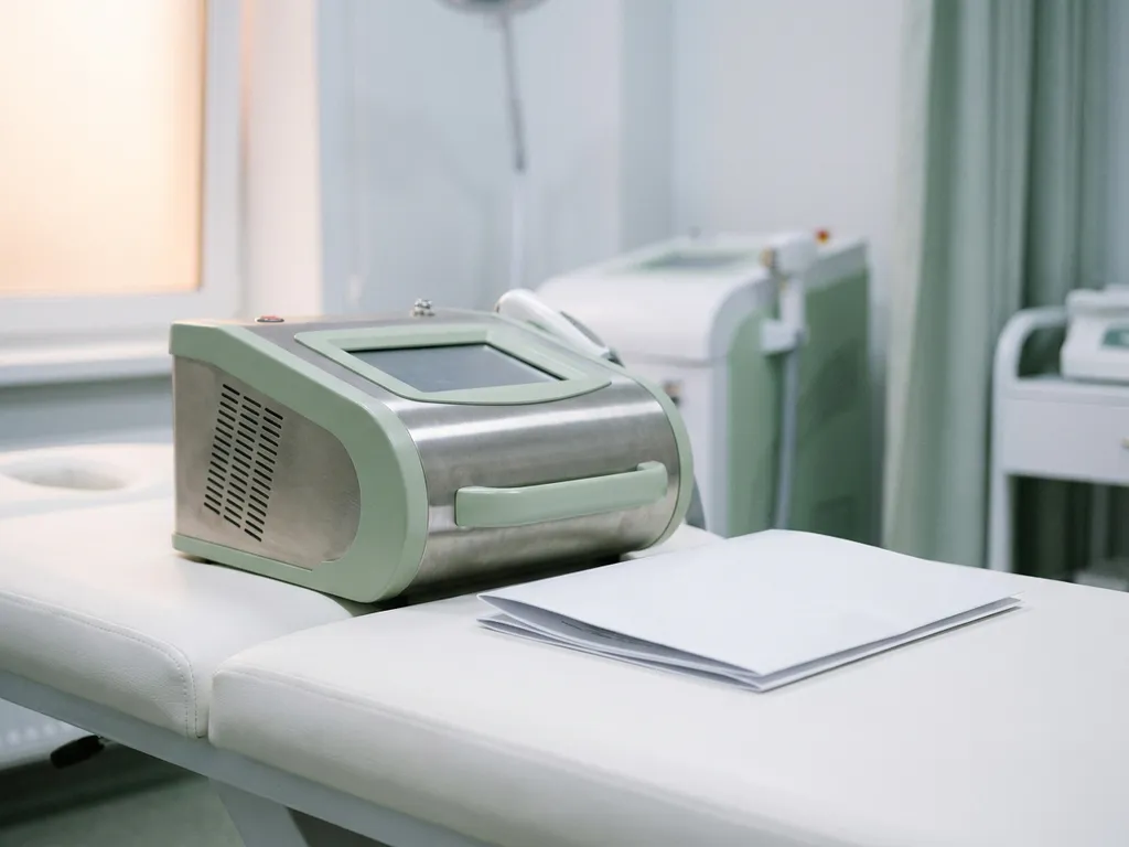 Laserhaaronthardingsapparaat op een klinische behandeltafel naast een opgevouwen regelgevingsdocument, zacht medisch licht.