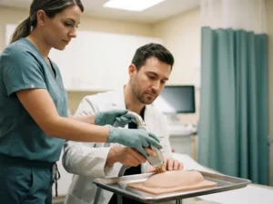 Gecertificeerde trainer begeleidt estheticus bij gebruik van laserhandstuk voor ontharing op oefenmodel in witte behandelkamer.