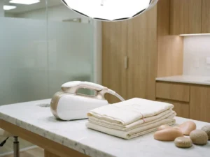 Medisch esthetisch apparaat met handstuk op witte behandeltafel, omringd door klinisch linnen en huidkleurige props voor lichaamscontouring.