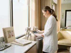 Estheticienne in witte klinische jas bestudeert een body contouring apparaat in een moderne behandelkamer.