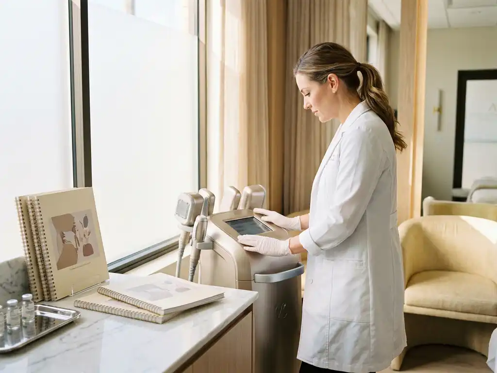 Estheticienne in witte klinische jas bestudeert een body contouring apparaat in een moderne behandelkamer.