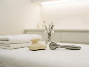 Compacte handmassageapparaat naast professioneel klinisch massageapparaat op witte behandeltafel met gevouwen handdoeken.