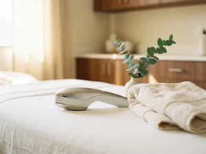 Medisch-esthetisch handstuk op witte behandeltafel naast gevouwen crème handdoek en eucalyptustakje, zachte zijdelingse belichting.