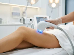 Medisch esthetisch apparaat behandelt de bovenbeen huid met blauw licht in een klinische omgeving.