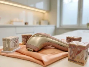Medisch-esthetisch handstuk op huidkleurig stof met anatomische huidlaag-props, in een strakke witte behandelruimte.
