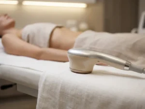 Handheld applicator van een medisch-esthetisch apparaat op een witte behandeltafel, met een vrouwelijk torso zacht onscherp op de achtergrond.