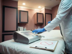 Medisch esthetisch apparaat op behandeltafel naast intake-formulier met uitsluitingssymbool, gehandschoende hand erboven in steriele behandelkamer.