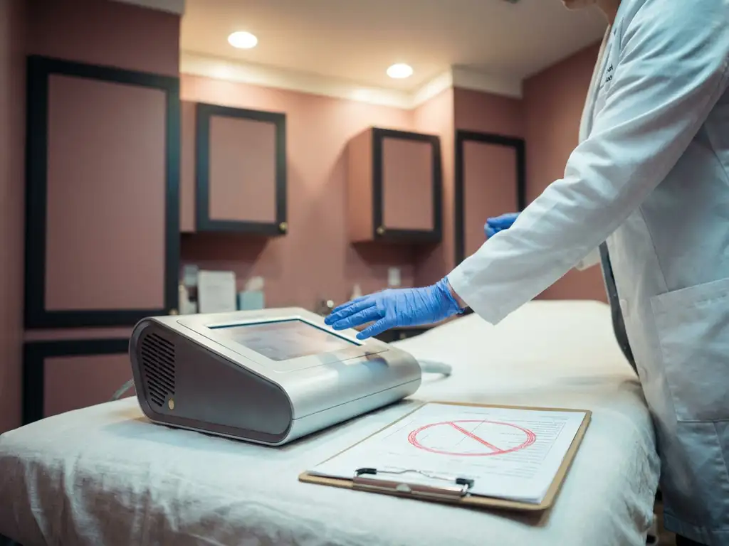 Medisch esthetisch apparaat op behandeltafel naast intake-formulier met uitsluitingssymbool, gehandschoende hand erboven in steriele behandelkamer.
