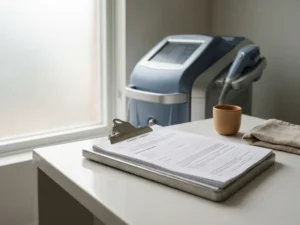 Klembord met medische compliance-documenten op wit bureau, body-contouring apparaat op de achtergrond, klinische sfeer.