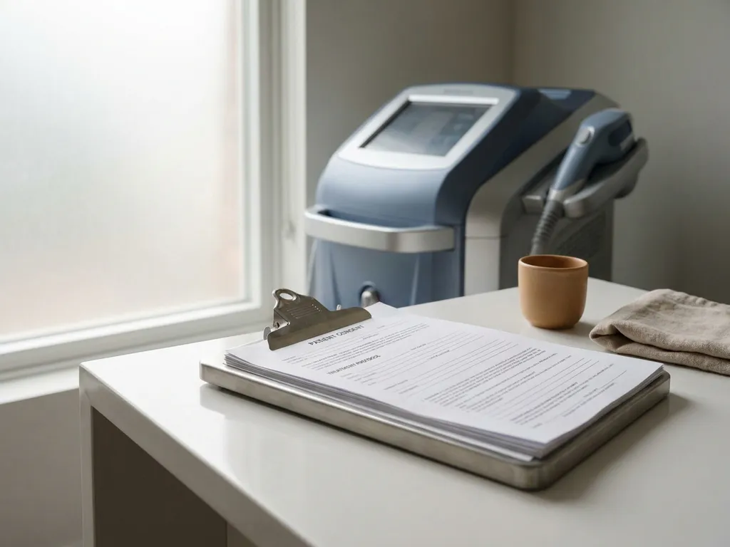 Klembord met medische compliance-documenten op wit bureau, body-contouring apparaat op de achtergrond, klinische sfeer.