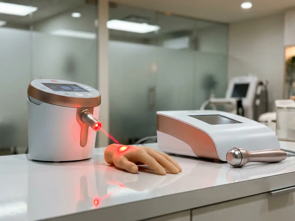 Twee medische esthetische apparaten op wit klinisch oppervlak, één met rode laserbundel op huidkleurig siliconenmodel, radiofrequentie-handstuk ernaast.