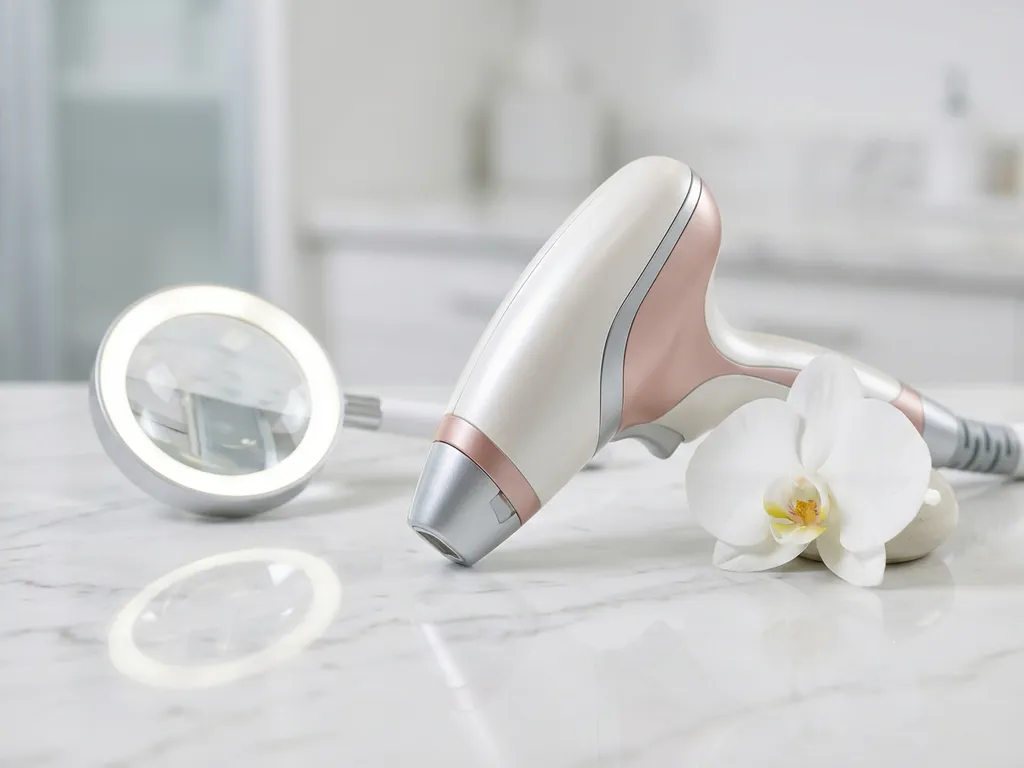 Medische laser handstuk op wit marmeren oppervlak naast verlicht vergrootglas en witte orchidee, studio-opname.