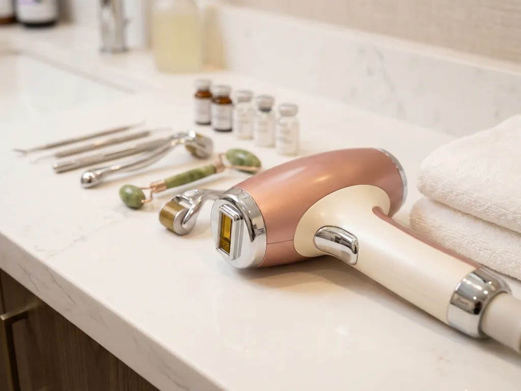 Medische laser handstuk naast huidverzorgingstools op wit klinisch oppervlak, met ivoor en rosé-gouden tinten.