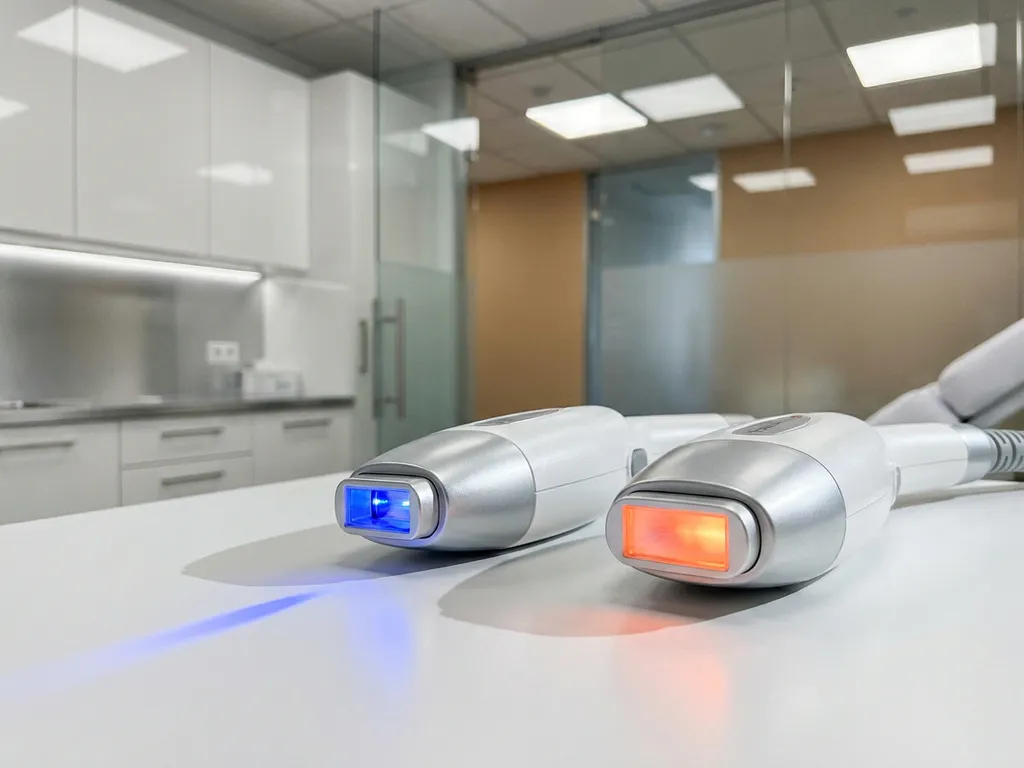 Twee professionele onthарingshandstukken op wit klinisch oppervlak, één met smalle lichtbundel, ander met brede gloed, in moderne esthetische kliniek.