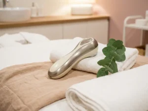 Handgehouden radiofrequentie-apparaat op linnen stof, omringd door witte handdoeken en eucalyptustakje, warme ivoren tinten.