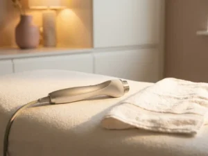 Handgehouden radiofrequentie-apparaat op witte behandeltafel met gevouwen handdoek in medische kliniek.
